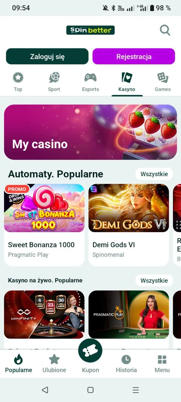 Sekcja Kasyno w aplikacji mobilnej SpinBetter z popularnymi automatami