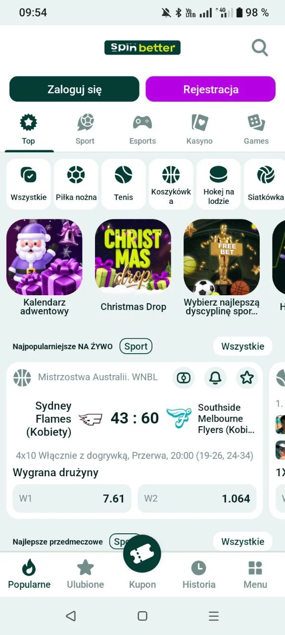 Główny ekran aplikacji mobilnej SpinBetter z sekcjami sportu i kasyna