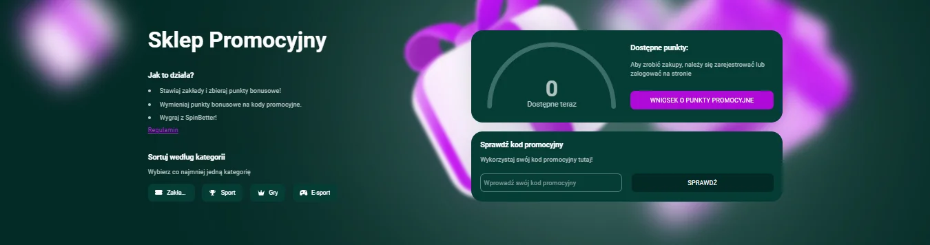 Sklep promocyjny SpinBetter z punktami lojalnościowymi do wymiany na kody